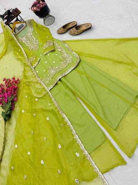 Handcrafted Parrot Green Shalsa Crash Embroidery Sequins Sharara Suit Set for Festival Ready To Wear Collection