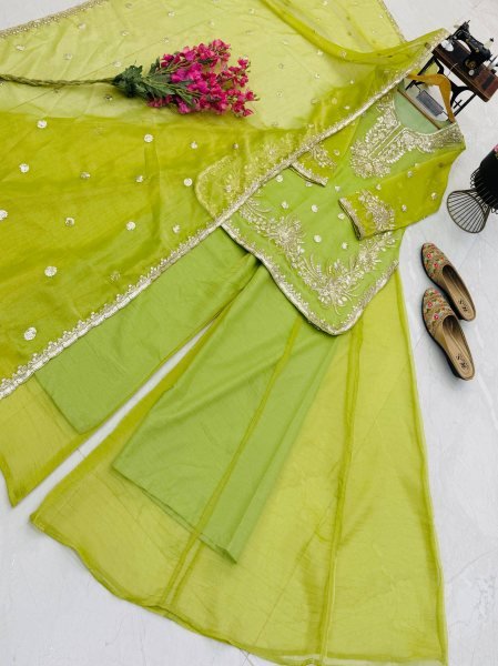 Handcrafted Parrot Green Shalsa Crash Embroidery Sequins Sharara Suit Set for Festival Ready To Wear Collection