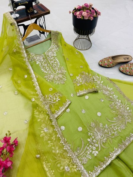 Handcrafted Parrot Green Shalsa Crash Embroidery Sequins Sharara Suit Set for Festival Ready To Wear Collection