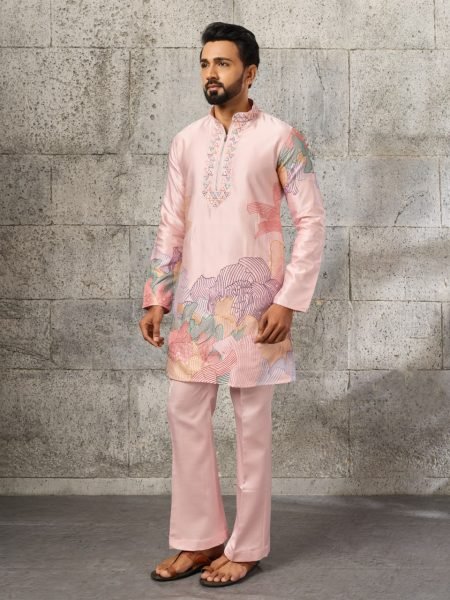 Handcrafted Peach Designer Silk Kurta Pajama Set for Men with Thread Embroidered Work Mens Short Kurta
