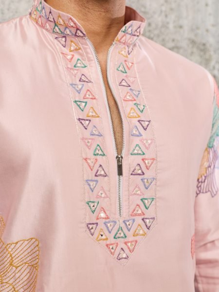 Handcrafted Peach Designer Silk Kurta Pajama Set for Men with Thread Embroidered Work Mens Short Kurta