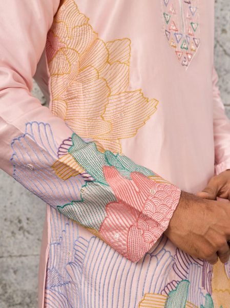 Handcrafted Peach Designer Silk Kurta Pajama Set for Men with Thread Embroidered Work Mens Short Kurta