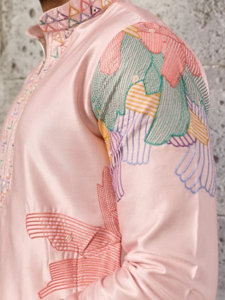 Handcrafted Peach Designer Silk Kurta Pajama Set for Men with Thread Embroidered Work Mens Short Kurta
