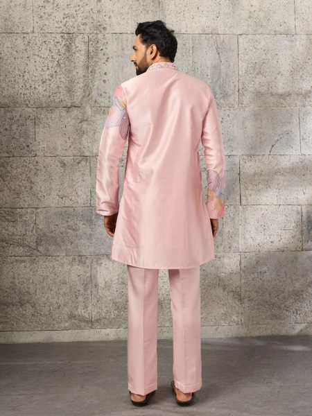 Handcrafted Peach Designer Silk Kurta Pajama Set for Men with Thread Embroidered Work Mens Short Kurta