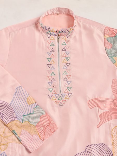 Handcrafted Peach Designer Silk Kurta Pajama Set for Men with Thread Embroidered Work Mens Short Kurta