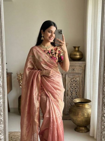 Handcrafted Peach Fendy Satin Saree with Digital Print Blouse for Party Wear Sarees 