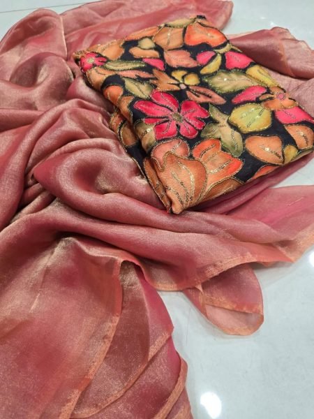Handcrafted Peach Fendy Satin Saree with Digital Print Blouse for Party Wear Silk Sarees Wholesale