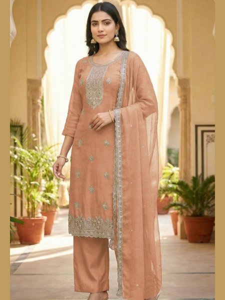 Handcrafted Peach Premium Shaded Party Wear Suit Set with Zarkan Handwork for Women Salwar Kameez