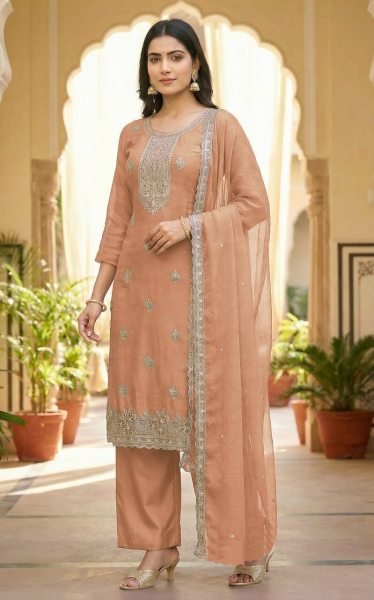 Handcrafted Peach Premium Shaded Party Wear Suit Set with Zarkan Handwork for Women Embroidery Suits Wholesale