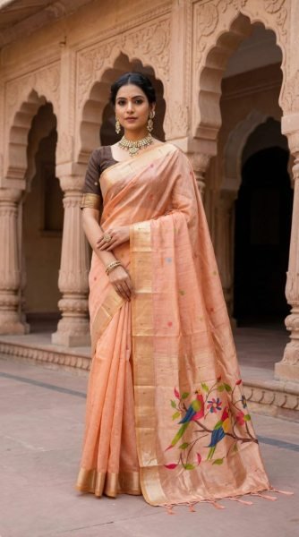 Handcrafted Peach Soft Pure Muga Cotton Saree with Meenakari Weaving and Rich Pallu Printed Cotton Sarees Wholesale
