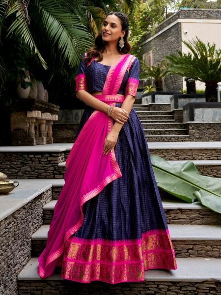 Handcrafted Pink Blue Traditional South Lehenga with Checks and Zari Work 