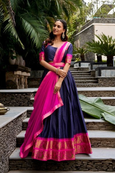 Handcrafted Pink Blue Traditional South Lehenga with Checks and Zari Work Half Saree Lehenga