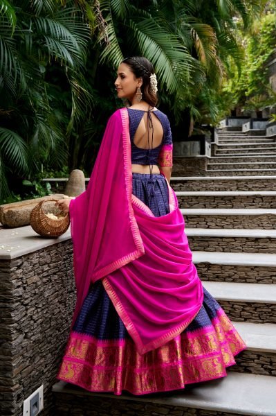 Handcrafted Pink Blue Traditional South Lehenga with Checks and Zari Work Half Saree Lehenga