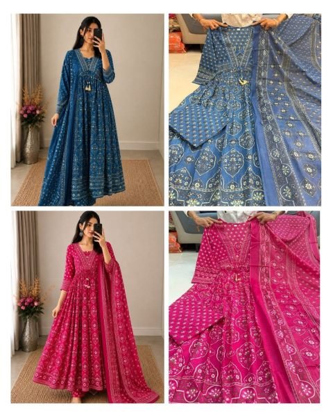 Handcrafted Pink Cotton Printed Kurti Pant Dupatta Set with Beautiful Hand Buti Work Anarkali Kurtis 