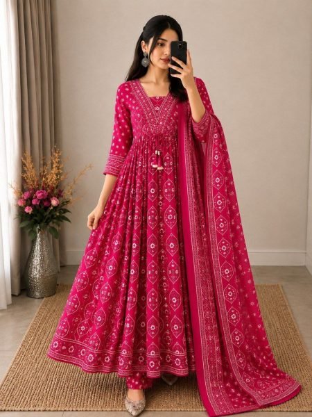 Handcrafted Pink Cotton Printed Kurti Pant Dupatta Set with Beautiful Hand Buti Work Anarkali Kurtis 