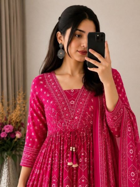 Handcrafted Pink Cotton Printed Kurti Pant Dupatta Set with Beautiful Hand Buti Work Anarkali Kurtis 