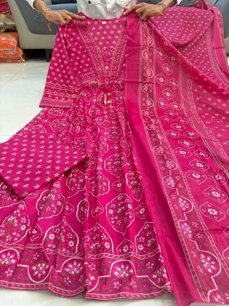 Handcrafted Pink Cotton Printed Kurti Pant Dupatta Set with Beautiful Hand Buti Work Anarkali Kurtis 