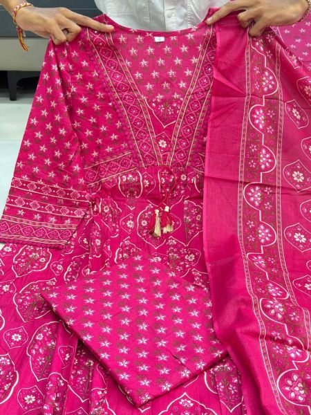 Handcrafted Pink Cotton Printed Kurti Pant Dupatta Set with Beautiful Hand Buti Work Anarkali Kurtis 