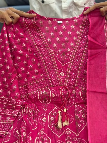 Handcrafted Pink Cotton Printed Kurti Pant Dupatta Set with Beautiful Hand Buti Work Anarkali Kurtis 