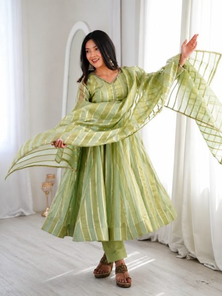 Handcrafted Pista Designer Heavy Viscose Jacquard Gown Pant Set with Mirror Lace Work Ready To Wear Suit
