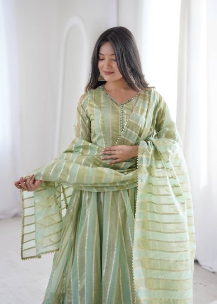 Handcrafted Pista Designer Heavy Viscose Jacquard Gown Pant Set with Mirror Lace Work Ready To Wear Collection