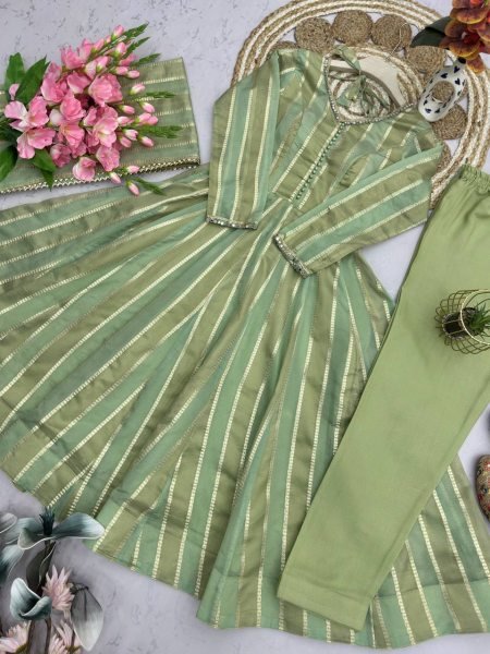 Handcrafted Pista Designer Heavy Viscose Jacquard Gown Pant Set with Mirror Lace Work Ready To Wear Collection