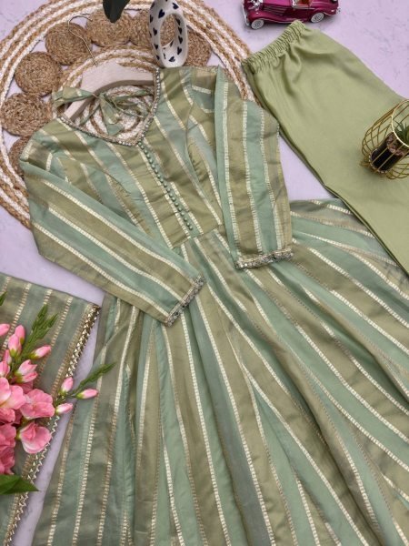 Handcrafted Pista Designer Heavy Viscose Jacquard Gown Pant Set with Mirror Lace Work Ready To Wear Collection