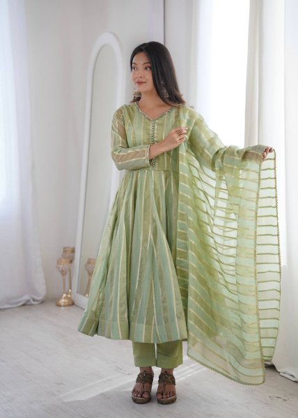 Handcrafted Pista Designer Heavy Viscose Jacquard Gown Pant Set with Mirror Lace Work Ready To Wear Collection