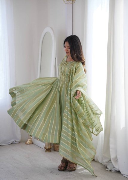 Handcrafted Pista Designer Heavy Viscose Jacquard Gown Pant Set with Mirror Lace Work Ready To Wear Collection