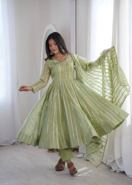 Handcrafted Pista Designer Heavy Viscose Jacquard Gown Pant Set with Mirror Lace Work Ready To Wear Collection