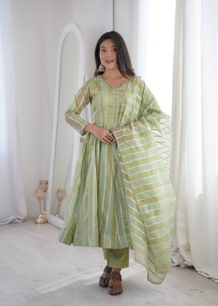 Handcrafted Pista Designer Heavy Viscose Jacquard Gown Pant Set with Mirror Lace Work Ready To Wear Collection
