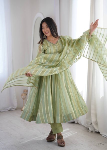 Handcrafted Pista Designer Heavy Viscose Jacquard Gown Pant Set with Mirror Lace Work Ready To Wear Collection