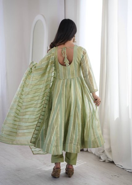 Handcrafted Pista Designer Heavy Viscose Jacquard Gown Pant Set with Mirror Lace Work Ready To Wear Collection