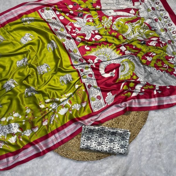 handcrafted print satin saree in mustard green shades best for resellers Printed Cotton Sarees Wholesale