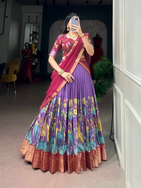 Handcrafted Purple Dola Silk Kalamkari Lehenga with Can-Can and Canvas Stitching Wholesale Lehengas Suppliers in Fiji