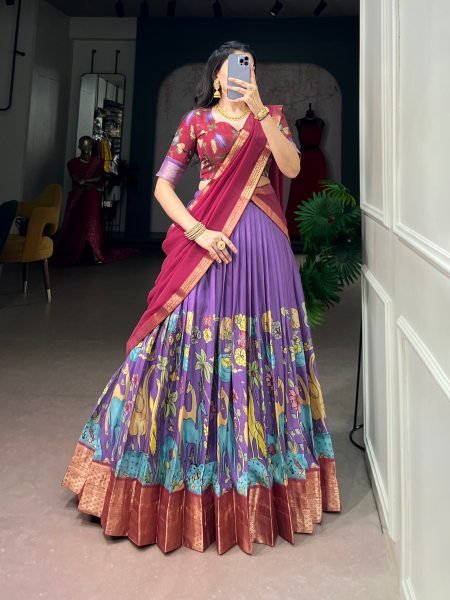 Handcrafted Purple Dola Silk Kalamkari Lehenga with Can-Can and Canvas Stitching Designer Lehenga Choli