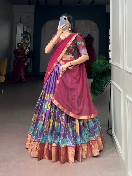 Handcrafted Purple Dola Silk Kalamkari Lehenga with Can-Can and Canvas Stitching Designer Lehenga Choli