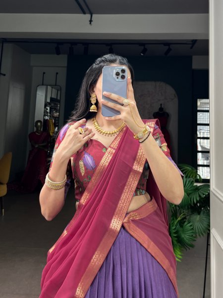 Handcrafted Purple Dola Silk Kalamkari Lehenga with Can-Can and Canvas Stitching Designer Lehenga Choli