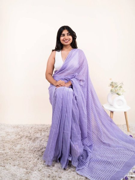 Handcrafted Purple Party Wear Linen Cotton Digital Printed Saree for Women Printed Cotton Sarees Wholesale
