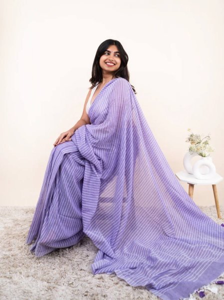 Handcrafted Purple Party Wear Linen Cotton Digital Printed Saree for Women Printed Cotton Sarees Wholesale