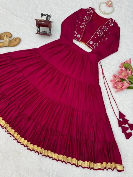 Handcrafted Rani Pink Designer Heavy Rayon Full Stitched Lehenga with Gota Patti Lace Navratri Lehnega Choli