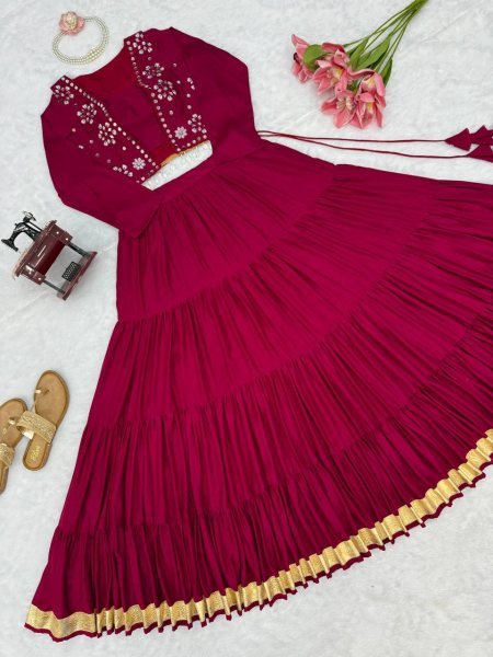 Handcrafted Rani Pink Designer Heavy Rayon Full Stitched Lehenga with Gota Patti Lace Navratri Lehnega Choli