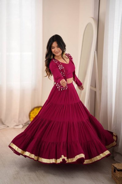 Handcrafted Rani Pink Designer Heavy Rayon Full Stitched Lehenga with Gota Patti Lace Navratri Lehnega Choli