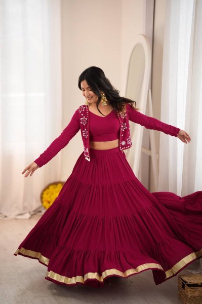Handcrafted Rani Pink Designer Heavy Rayon Full Stitched Lehenga with Gota Patti Lace Navratri Lehnega Choli