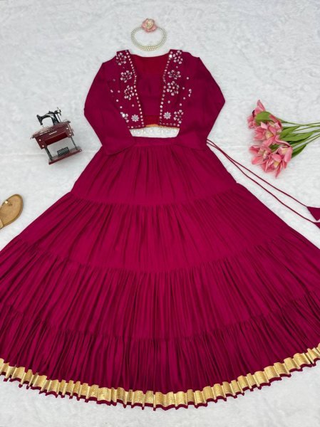 Handcrafted Rani Pink Designer Heavy Rayon Full Stitched Lehenga with Gota Patti Lace Navratri Lehnega Choli