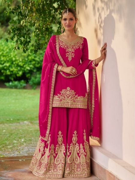 Handcrafted Rani Pink Real Chinon Palazzo Set with Sequins and Hand Mirror Work Salwar Kameez