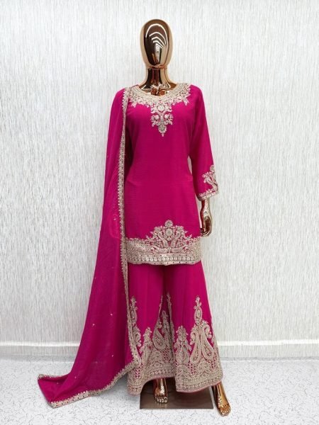 Handcrafted Rani Pink Real Chinon Palazzo Set with Sequins and Hand Mirror Work Designer Plazzo Salwar Suits Wholesale