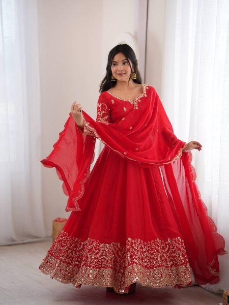 Handcrafted Red Designer Fendy Silk Gown Set with Heavy Embroidery and Sequins Lace Border 