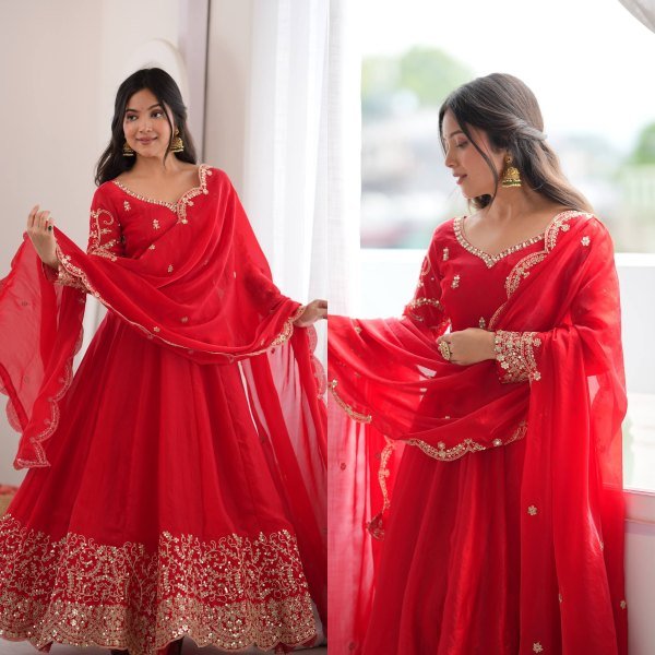 Handcrafted Red Designer Fendy Silk Gown Set with Heavy Embroidery and Sequins Lace Border Ready To Wear Collection