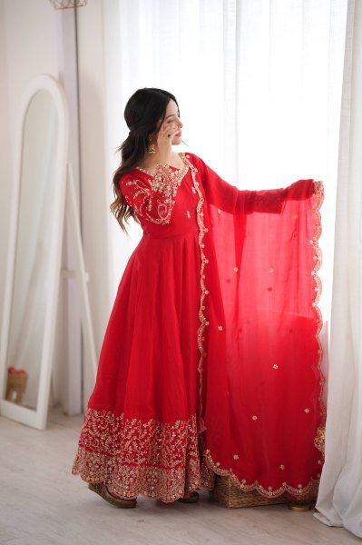 Handcrafted Red Designer Fendy Silk Gown Set with Heavy Embroidery and Sequins Lace Border Ready To Wear Collection